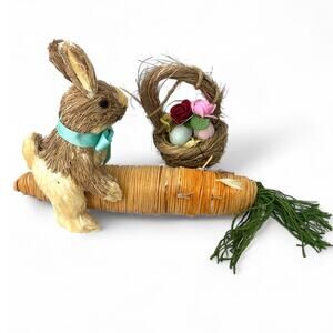 Straw Sisal Woodland Bunny Rabbit Sitting on Carrot Easter Basket Set of 2
